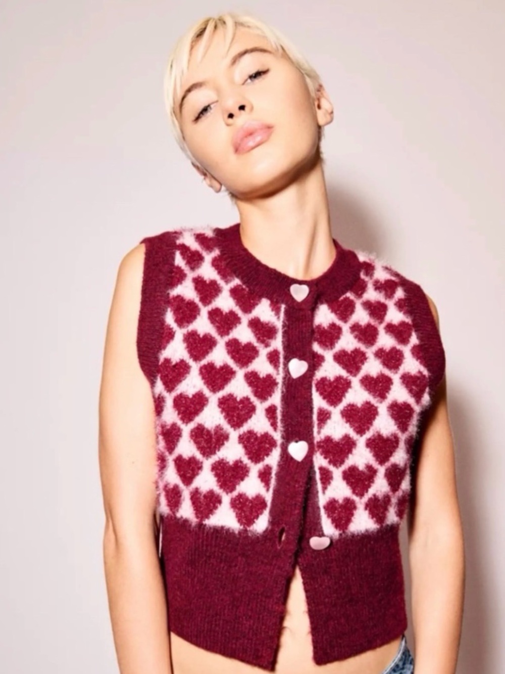 Women's Burgundy Heart Knit Button Vest Sweater